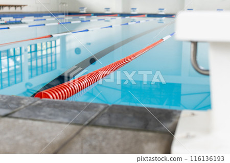 Swimmers wearing caps and goggles are racing in an indoor pool, copy space Swimmers wearing caps and goggles are racing in an indoor pool, copy space 116136193