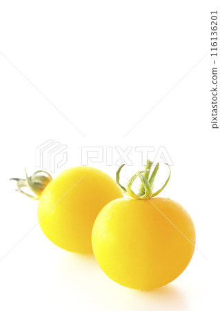 Yellow cherry tomatoes photographed on a white background 116136201