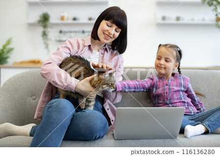 Mother and daughter with cat using laptop on couch Mother and daughter with cat using laptop on couch 116136280