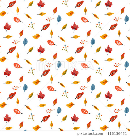Seamless pattern autumn branch. Plant. Colorful leaves. Ornament in Scandinavian style. Hand drown. Flat vector illustration 116136451
