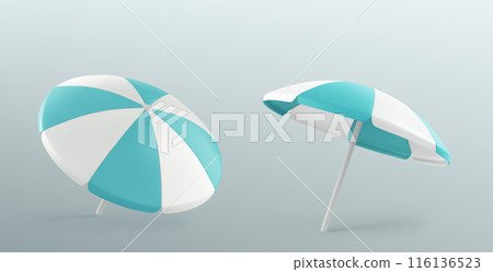 Open blue and white beach umbrella. 116136523
