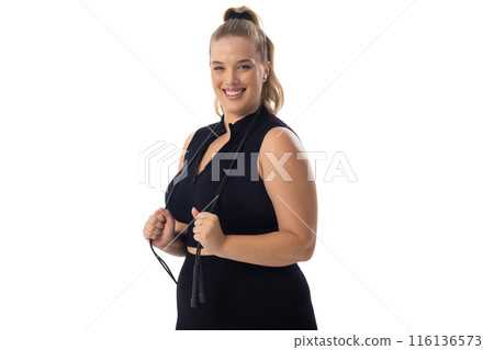 A Caucasian young female plus size model with white background, copy space A Caucasian young female plus size model with white background, copy space 116136573