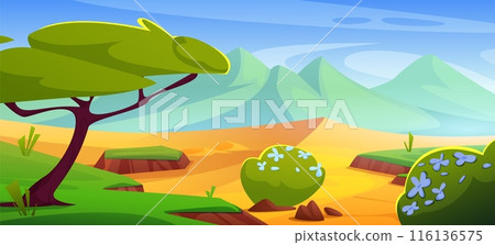 African desert landscape with sand, mountain, tree 116136575