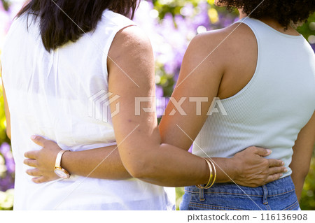 Mature biracial woman and young biracial woman embracing at home in garden 116136908