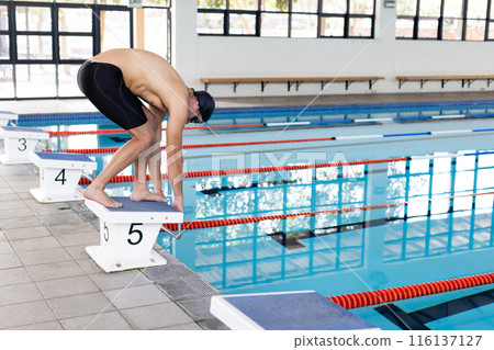 Caucasian young male swimmer preparing to dive into an indoor pool 116137127