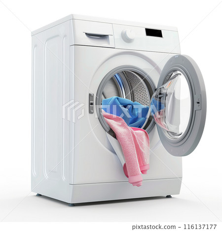 White washing machine with an open door, colorful laundry inside isolated on white background. Ideal for advertising home appliances and illustrating product features 116137177