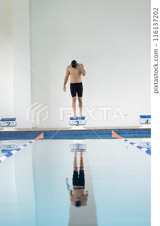 Young Caucasian male swimmer on starting block indoors, ready to dive into pool, copy space 116137202