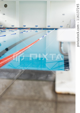 Swimmers wearing caps and goggles are competing indoors in a pool, copy space 116137245