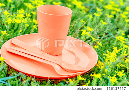 Picnic,camping.Orange plastic dinnerware set.Cup,plate,fork,knife,spoon Picnic,camping.Orange plastic dinnerware set.Cup,plate,fork,knife,spoon 116137337