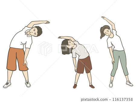 A friendly parent and child doing exercises A friendly parent and child doing exercises 116137358