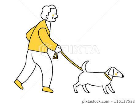 An old man taking his dog for a walk An old man taking his dog for a walk 116137588