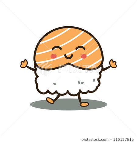 Cute Sushi Japanese Food Cartoon Character with Rice and Salmon Fish Cute Sushi Japanese Food Cartoon Character with Rice and Salmon Fish 116137612