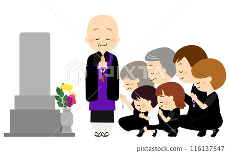 A three-generation family visiting a grave for a memorial service 116137847