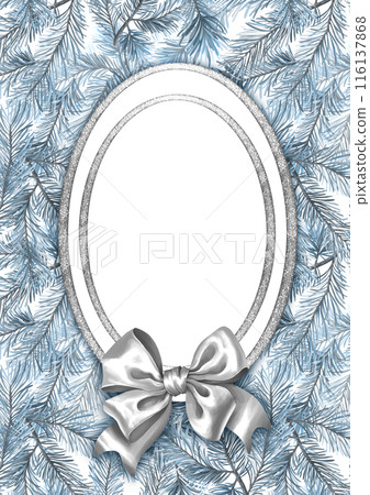 Hand drawn Christmas holiday greeting card or covers with fir tree branches. Blue and silver colors. Hand drawn Christmas holiday greeting card or covers with fir tree branches. Blue and silver colors. 116137868