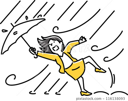 A woman's umbrella is about to be blown away by a strong wind 116138093