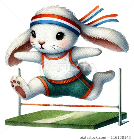 A cute cartoon bunny in a sports outfit jumps over a hurdle watercolor isolate transparent background. 116138143