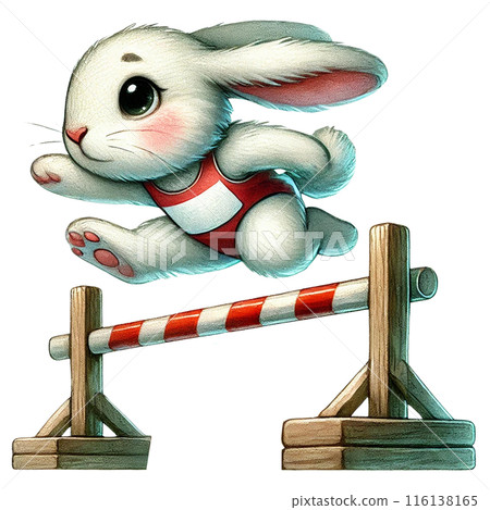 A cute white rabbit leaps over a hurdle in a cartoon style watercolor isolate transparent background. 116138165