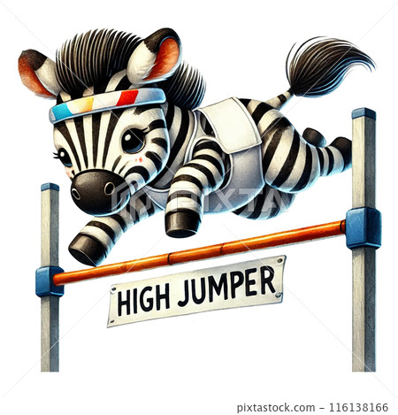 A cute zebra wearing a headband jumps over a high jump bar watercolor isolate transparent background. 116138166