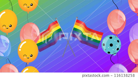 Image of happy colourful balloons and rainbow flags on rainbow background Image of happy colourful balloons and rainbow flags on rainbow background 116138258