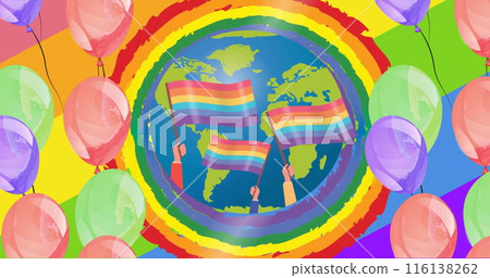 Image of colourful balloons and rainbow flags in circle on globe on rainbow background 116138262