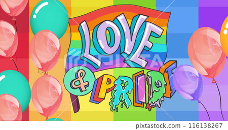 Image of love and pride text on rainbow flag over colourful balloons on rainbow background Image of love and pride text on rainbow flag over colourful balloons on rainbow background 116138267