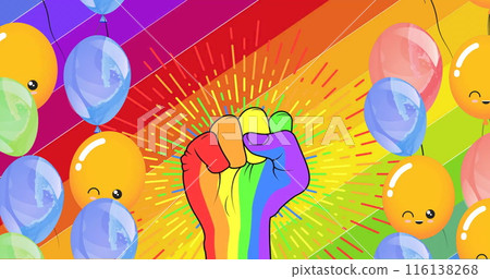 Image of rainbow fist and colourful balloons on rainbow background Image of rainbow fist and colourful balloons on rainbow background 116138268