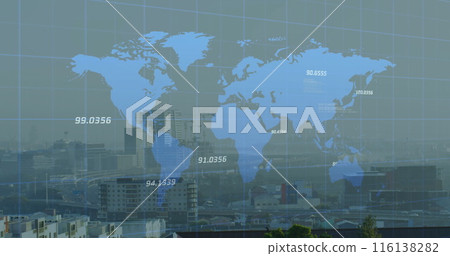 Image of chart over map of world and cityscape 116138282