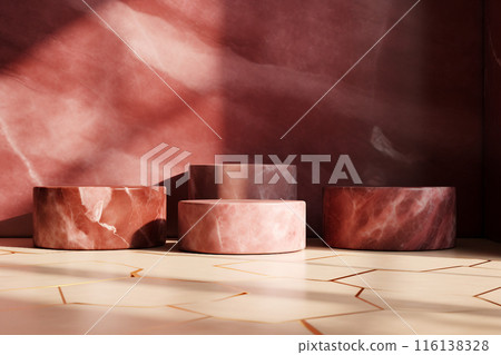 Abstract banner with four round exhibition stands and a floor with gold geometric ornaments on a maroon marble background. AI generated image Abstract banner with four round exhibition stands and a floor with gold geometric ornaments on a maroon marble background. AI generated image 116138328