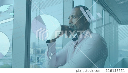 Image of statistics and data processing over african american businessman thinking 116138351