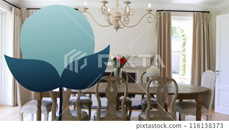 Image of blue flower illustration over elegant dining room interiors Image of blue flower illustration over elegant dining room interiors 116138373