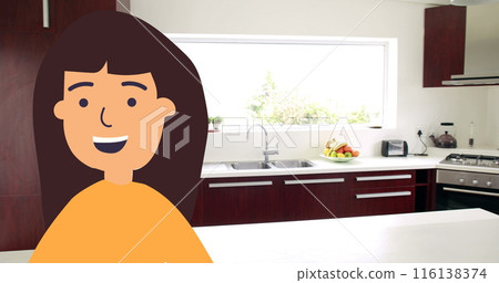 Image of happy woman icon over empty kitchen Image of happy woman icon over empty kitchen 116138374