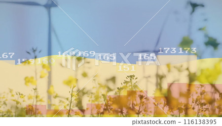 Image of data processing and diagrams over flag of ukraine and wind turbines 116138395