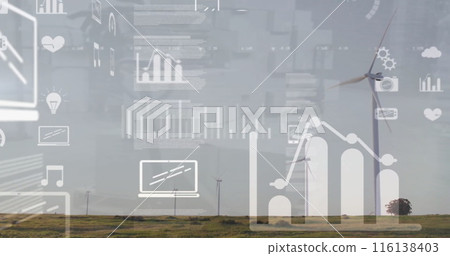 Image of data processing and diagrams over wind turbines on field 116138403