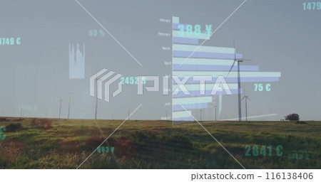 Image of data processing and diagrams over wind turbines on field Image of data processing and diagrams over wind turbines on field 116138406