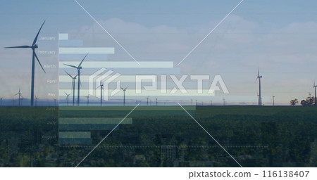 Image of data processing and diagrams over wind turbines on field Image of data processing and diagrams over wind turbines on field 116138407