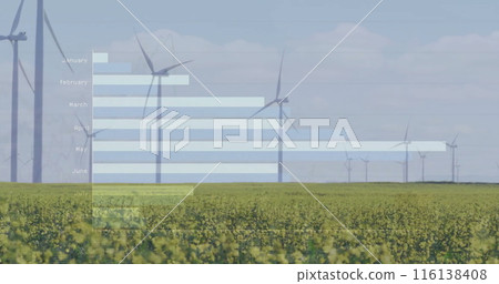 Image of data processing and diagrams over wind turbines on field 116138408