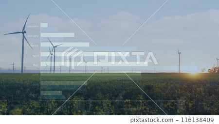 Image of data processing and diagrams over wind turbines on field Image of data processing and diagrams over wind turbines on field 116138409