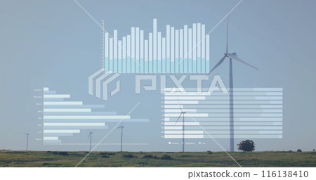 Image of data processing and diagrams over wind turbines on field 116138410