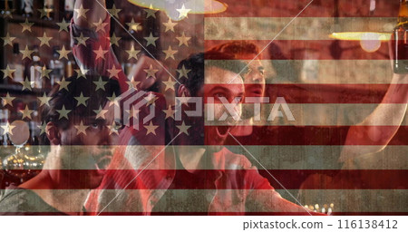 Image of flag of usa over caucasian male friends supporting 116138412