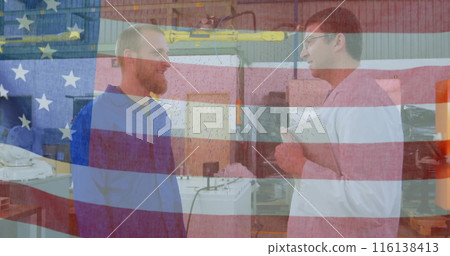 Image of flag of usa over caucasian male workers Image of flag of usa over caucasian male workers 116138413