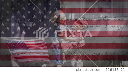 Image of flag of usa with text over caucasian soldier and his daughter embracing 116138421