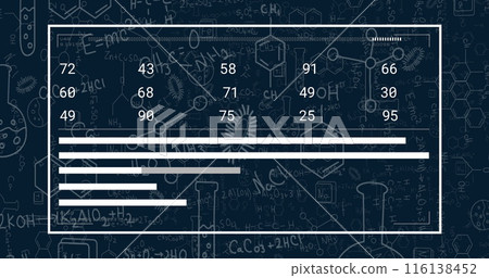 Image of data processing over chemical formula and icons on black background 116138452