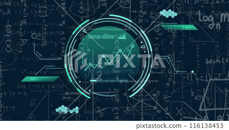 Image of data processing over mathematical equations on black background 116138453