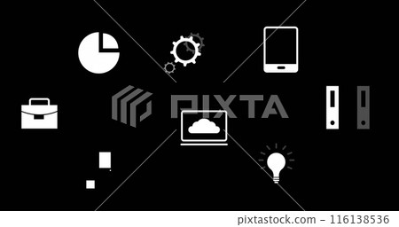 Image of floating digital icons on black background 116138536