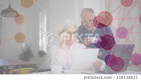 Image of media icons over senior caucasian couple using laptop 116138621
