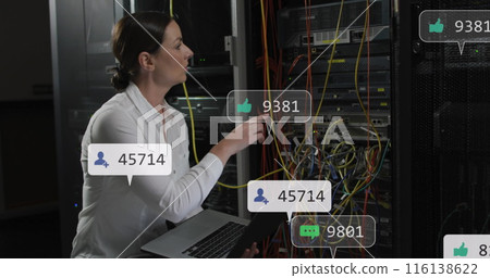 Image of social media icons over caucasian female it engineer with laptop by computer server 116138622