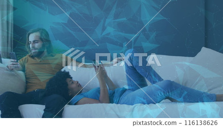 Image of data processing with shapes over diverse couple using smartphones 116138626