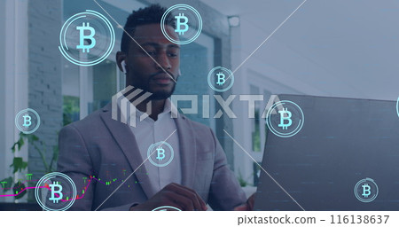 Image of data processing and bitcoin symbols over african amercian businessman using laptop 116138637
