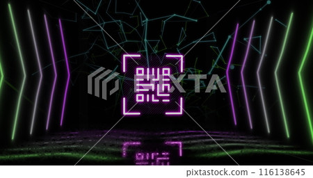 Image of qr code over neon shapes and network of connections on black background Image of qr code over neon shapes and network of connections on black background 116138645