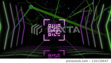 Image of qr code over neon shapes and network of connections on black background Image of qr code over neon shapes and network of connections on black background 116138647